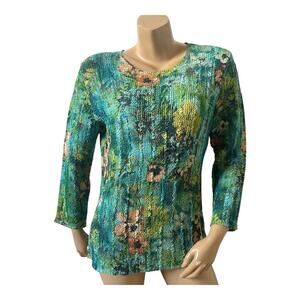 Ubu Womens Floral Textured Long Sleeve Top Size Large Green Blue Yellow